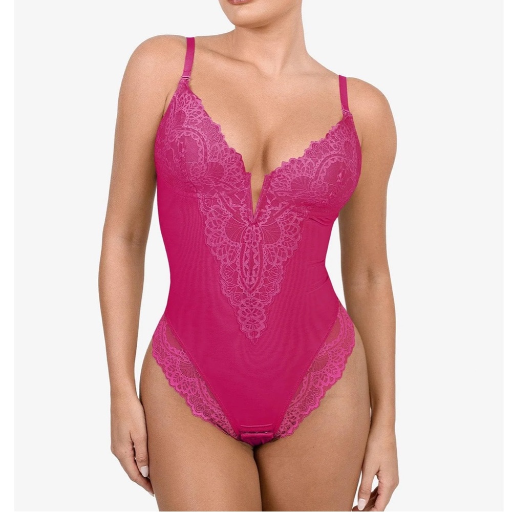 Stunning bright pink Shapewear Bodysuit Deep-V Neck Lace Thong😍
